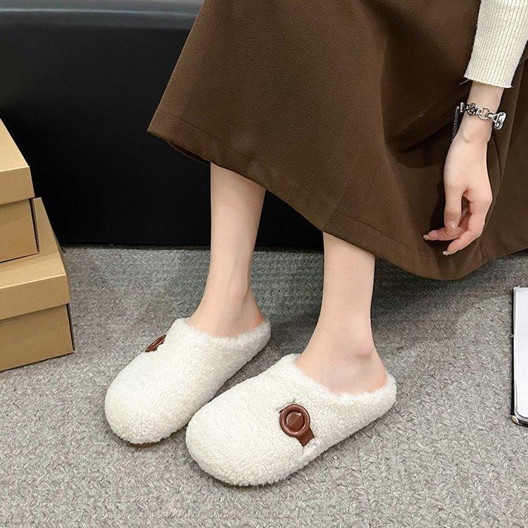 [Ushilai] Retro Thick-soled Lamb Wool One-pedal Women's 2025 Winter New Soft-soled Casual Versatile Cotton Mop