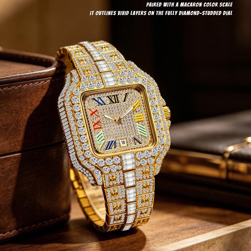 Mens Iced Out Watch Square Full Diamond Quartz Wrist Watch with Luminous Hands Date Waterproof Hip Hop Style