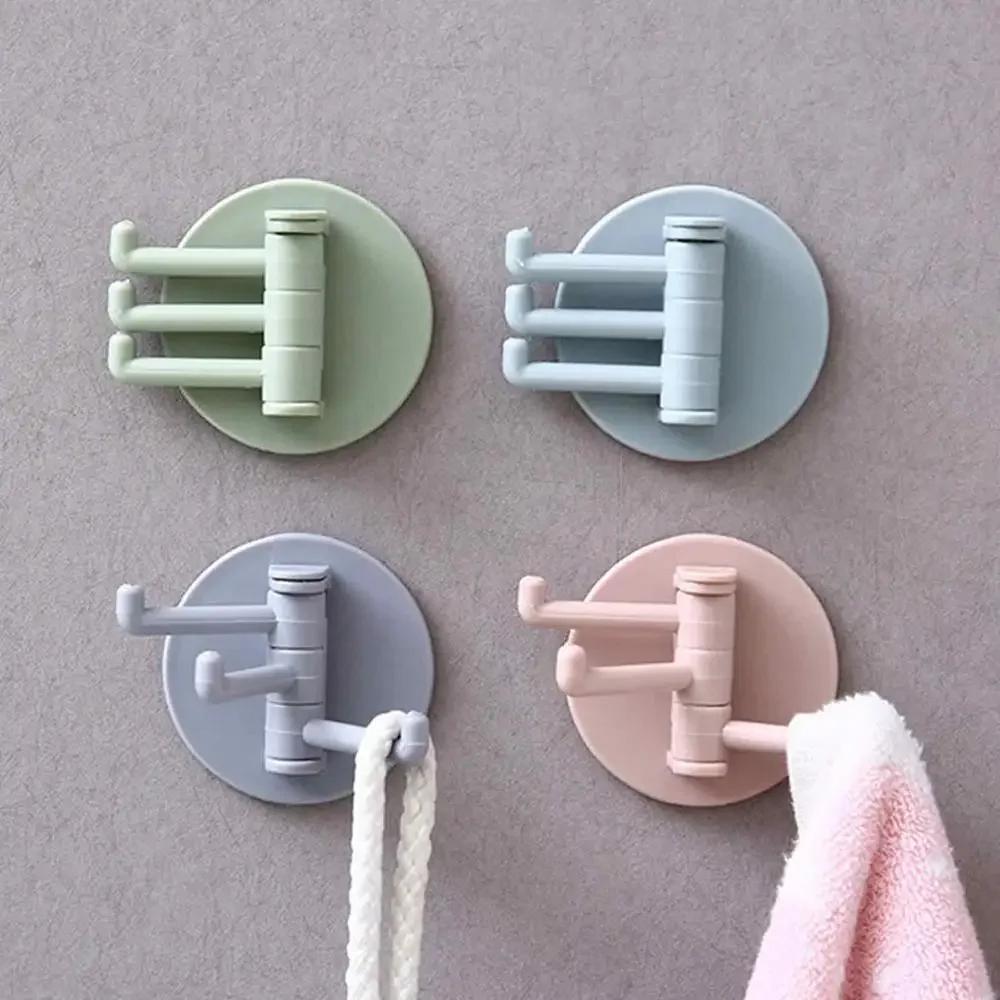 Household Rotating Hook with No Punching 3 Branches Seamless Adhesive Strong Bearing Rod Hook Kitchen and Bathroom Storage Hook