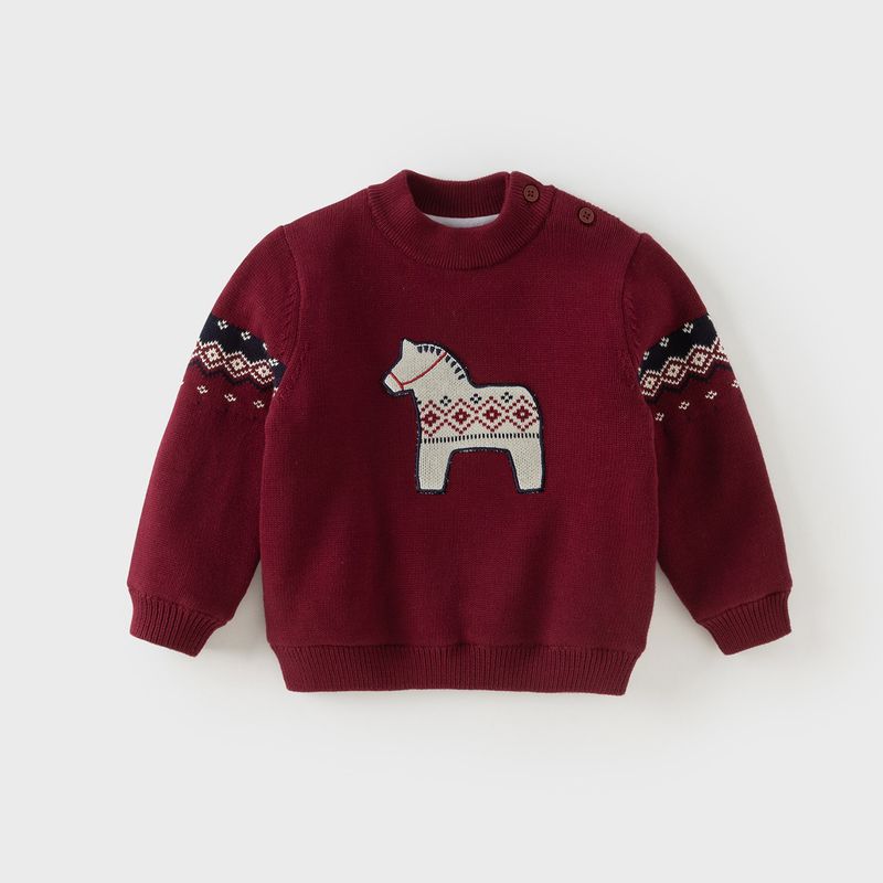 David Bella Boys  Half-Turtleneck Fleece Pullover Children s Winter Clothing New Red Zodiac Year Fair Isle Sweater Purple Red [Ready in Stock] 140