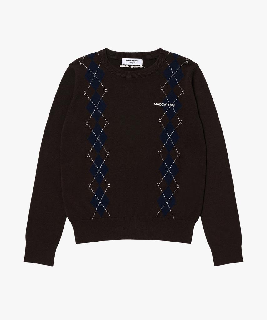 MADCATTOS COUNTRY CLUB Mcc W Argyle Crew Neck Sweater-Dark Brown