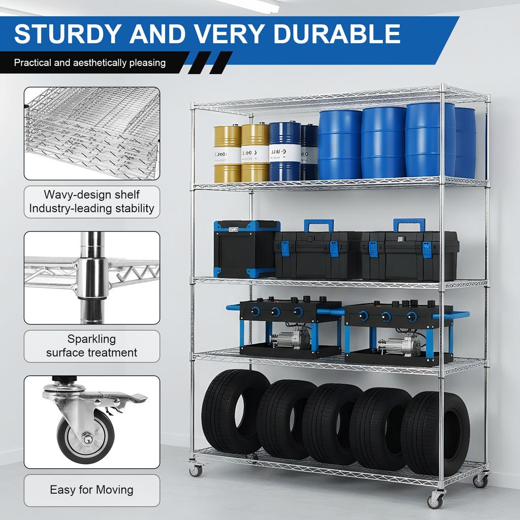 5 Tier 7500lbs Capacity Garage Shelving with Wheels & Shelf Liner Solid Steel Wire Rack for Pantry Garage Commercial Industrials