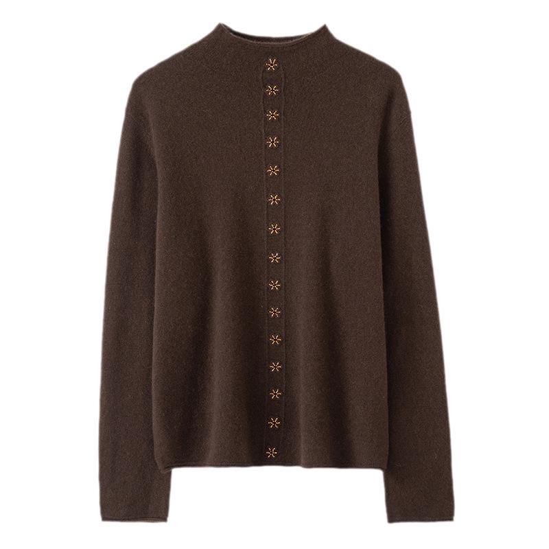 Lekasha Pure Cashmere Hand-Beaded Half-High Collar Cardigan Coat for Women