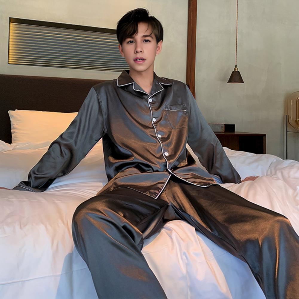2 stk/sett Herre Sommer Pyjamassett Revers Langermet Skjorte Elastisk Midje Lommer Vide Ben Bukser Sett Ensfarget Enkeltspent Slee