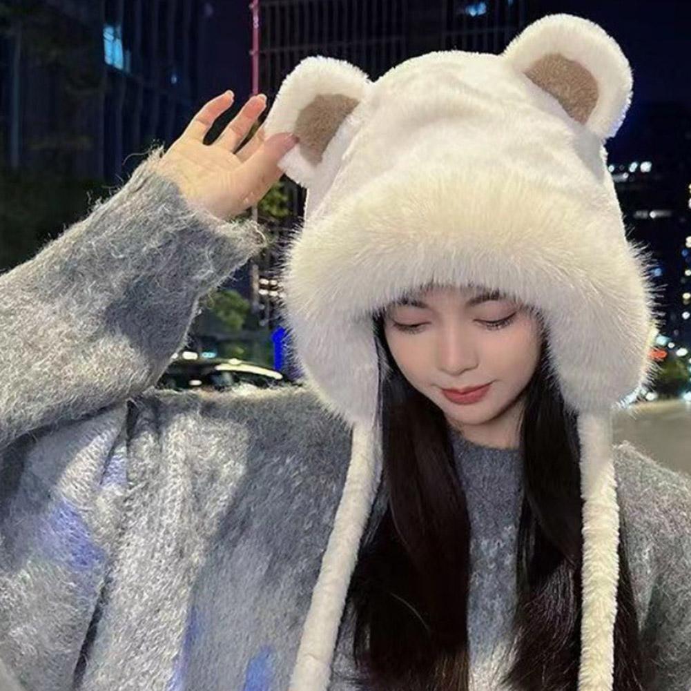 Women Cold Weather Hat Women Plush Hat Soft Fuzzy Women's Plush Hat With Cute Bear Ears Windproof Warm For Autumn Winter