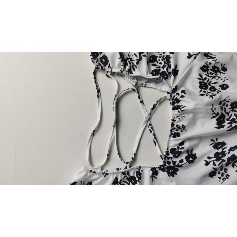 Printed Square Neck A-line Dress Women's Temperament Sexy Backless Slit Tied Dress Spring 2025