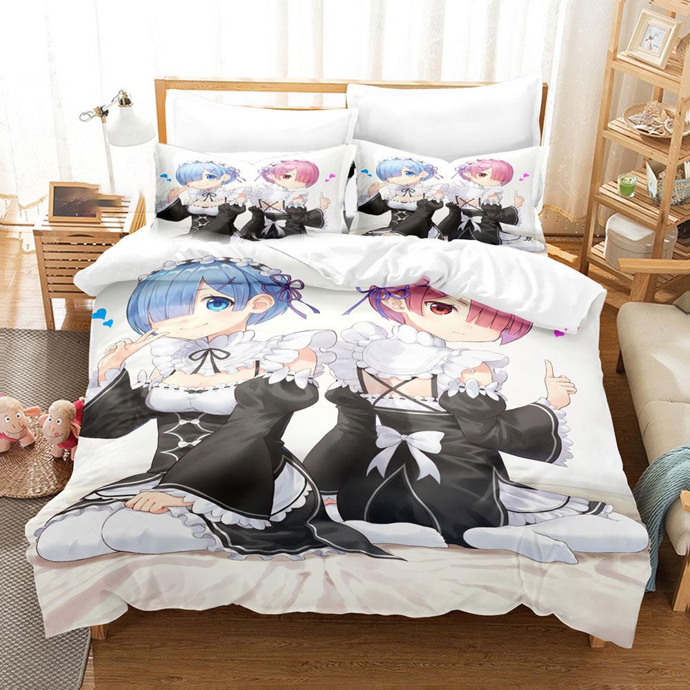 3D Gedrucktes Anime Re Zero Rem Ram Emilia Bettwäscheset Jungen Mädchen Einzelbett Queen-Size Bettbezug Kissenbezug Bett Kinder Erwachsene