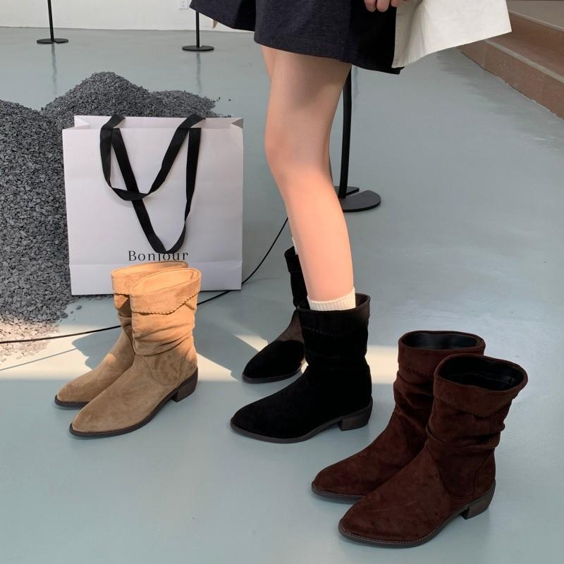 Coarse Heel Suede Pile Boots Medium Boots Martin Boots Women's Boots 2025 Autumn/Winter Coffee Color Maillard Skinny Boots Short Boots
