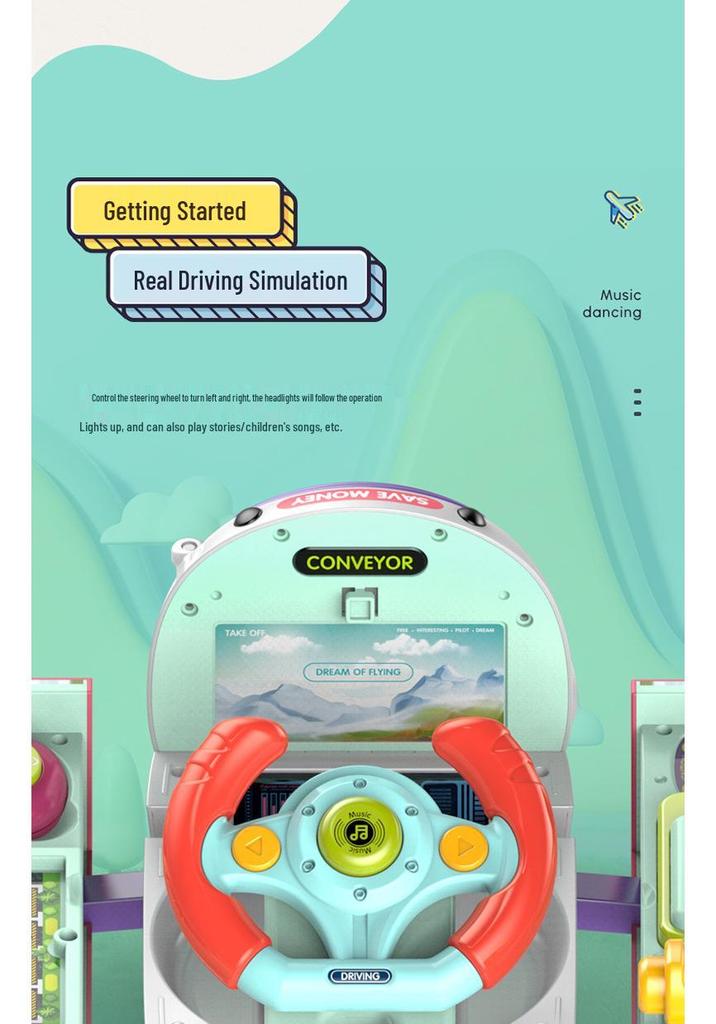 Multifunctional Educational Airplane Toy with Lights, Music, Driving Simulator, and Piggy Bank for Kids