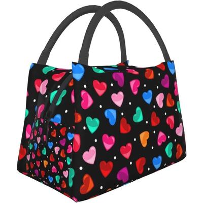 Red Heart Pattern Valentine's Day Lunch Bag Portable Reusable Insulated Lunch Box for Women Men Tote Bag for Work Travel Picnic