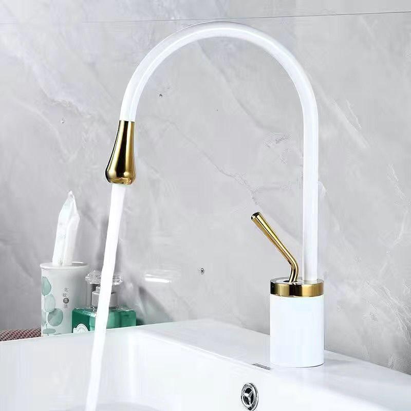 Golden Swan Neck Faucet, High Arc Deck Mount Tap for Bathroom Vanity & Kitchen Island, Cold & Hot Water Mixer
