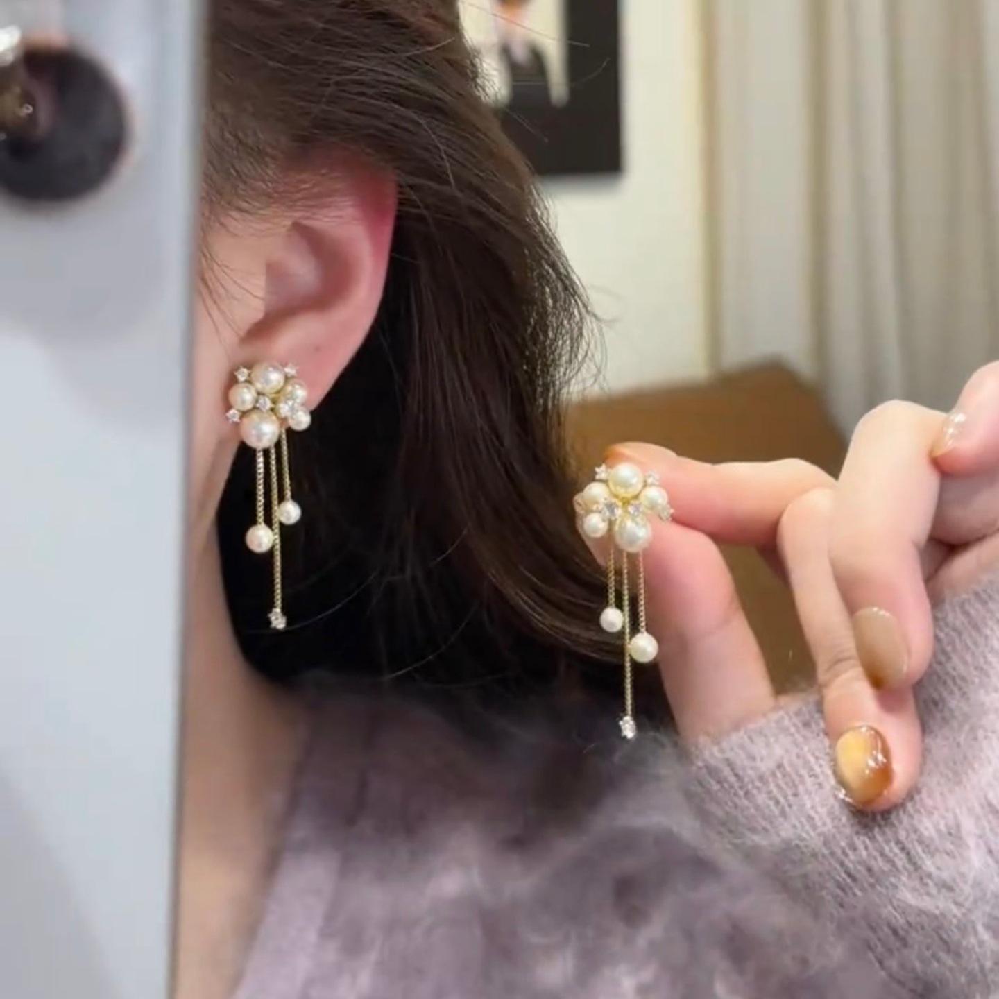Zirconia Tassel Silver Needle Pearl Earrings: Elegant, Versatile Studs for Autumn & Winter Fashion.