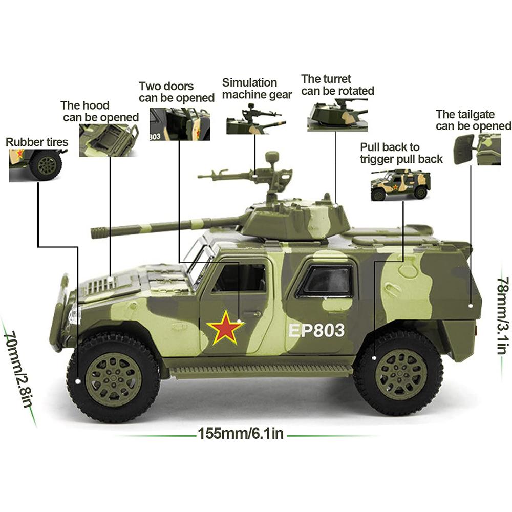 Camion de jucărie militar la scară 1/50 Tanc de luptă blindat pentru armata Vehicul de teren Trage jucării armate înapoi cu lumină și sunet