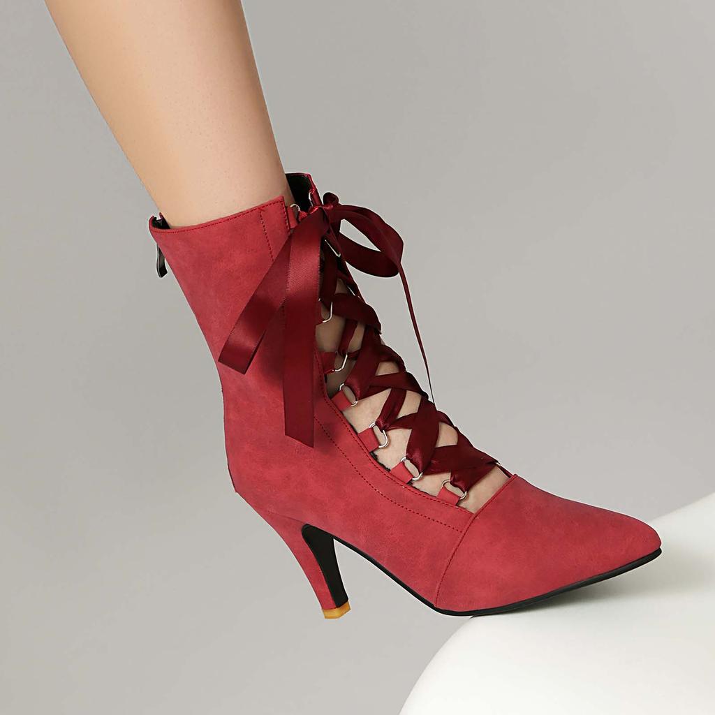 Y2k Women Boots Chunky Heels Lace Up Cute Bow Knot Cosplay Costumes Witch Medieval Mid Calf Boots Vintage Gothic Character Shoes