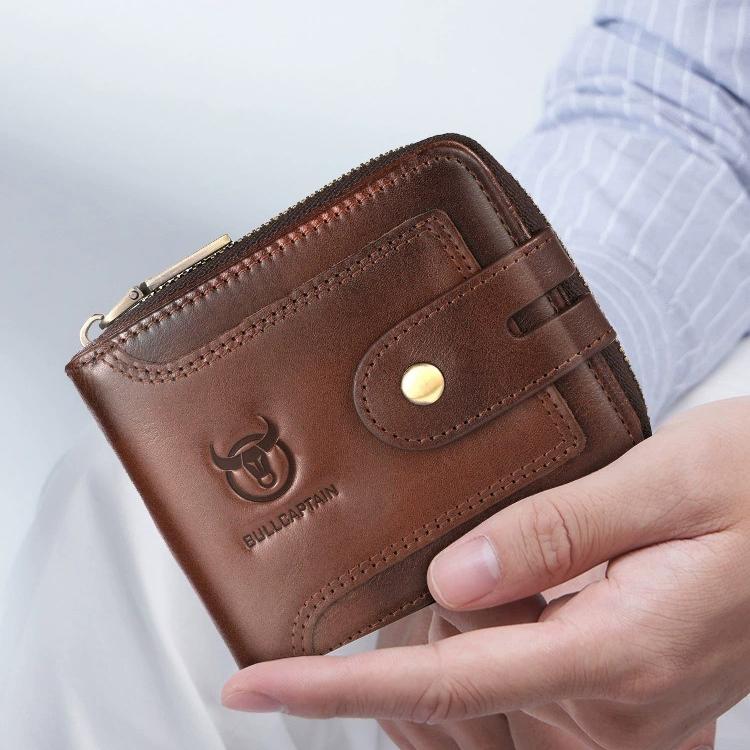 BULLCAPTAIN Men's Genuine Leather Short Zipper Wallet - Multi-Function Organizer with ID Card Holder | Premium Vintage Style
