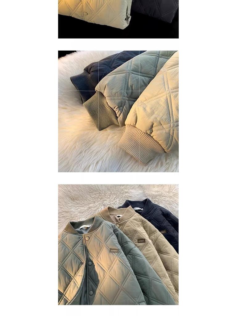 Unisex Retro Diamond Checkered Cotton Baseball Jacket - Thick, Warm, and Casual for Winter