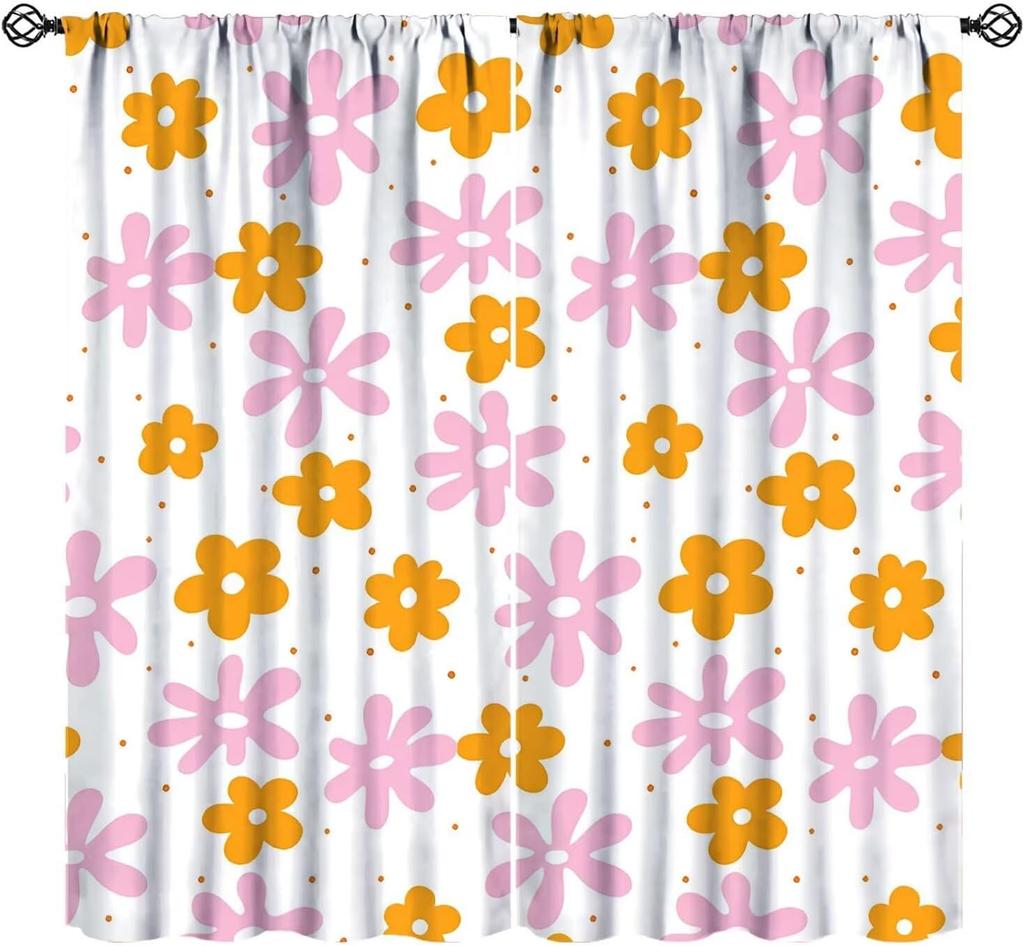 Pink Orange Flower Curtains Girls Bedroom Retro Hippie Groovy Daisy Floral Print Window Treatments Kids Curtain Polyester Ideal For