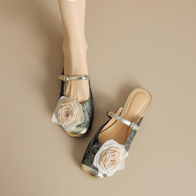 Fashion 2025 NEW Summer Women Mules Leather Shoes for Women Round Toe Low Heel Slippers Cover Toe Slingback Flower Sandals