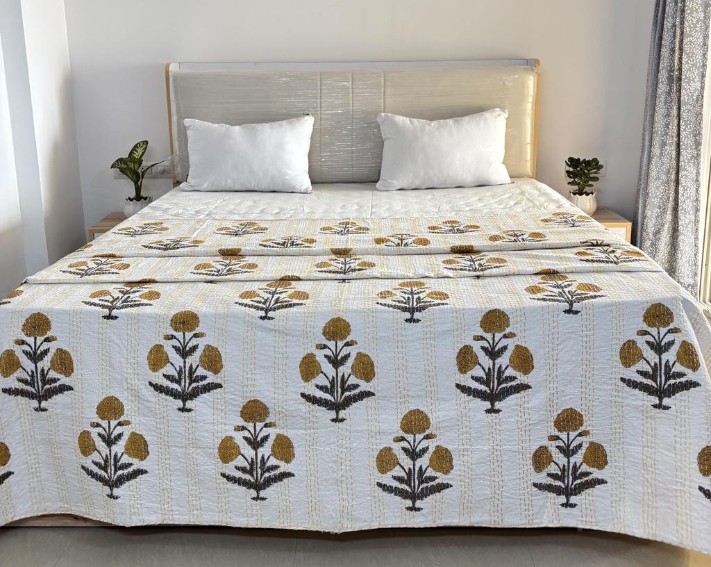 Hand Block Floral Printed Kantha Quilt, Cotton Kantha Bedspread, Vintage Bedding Bedsheets, Handmade kantha throw