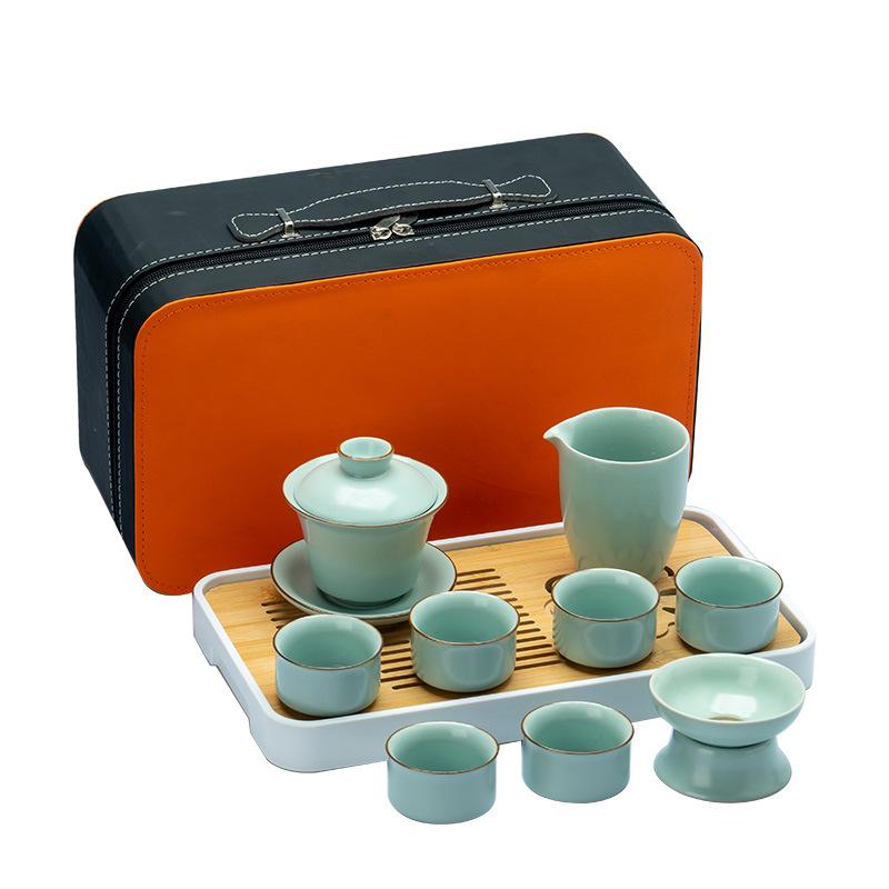 Ceramic Ru kiln cover bowl teapot azure travel tea set tea tray portable bag tea cup set activity gift