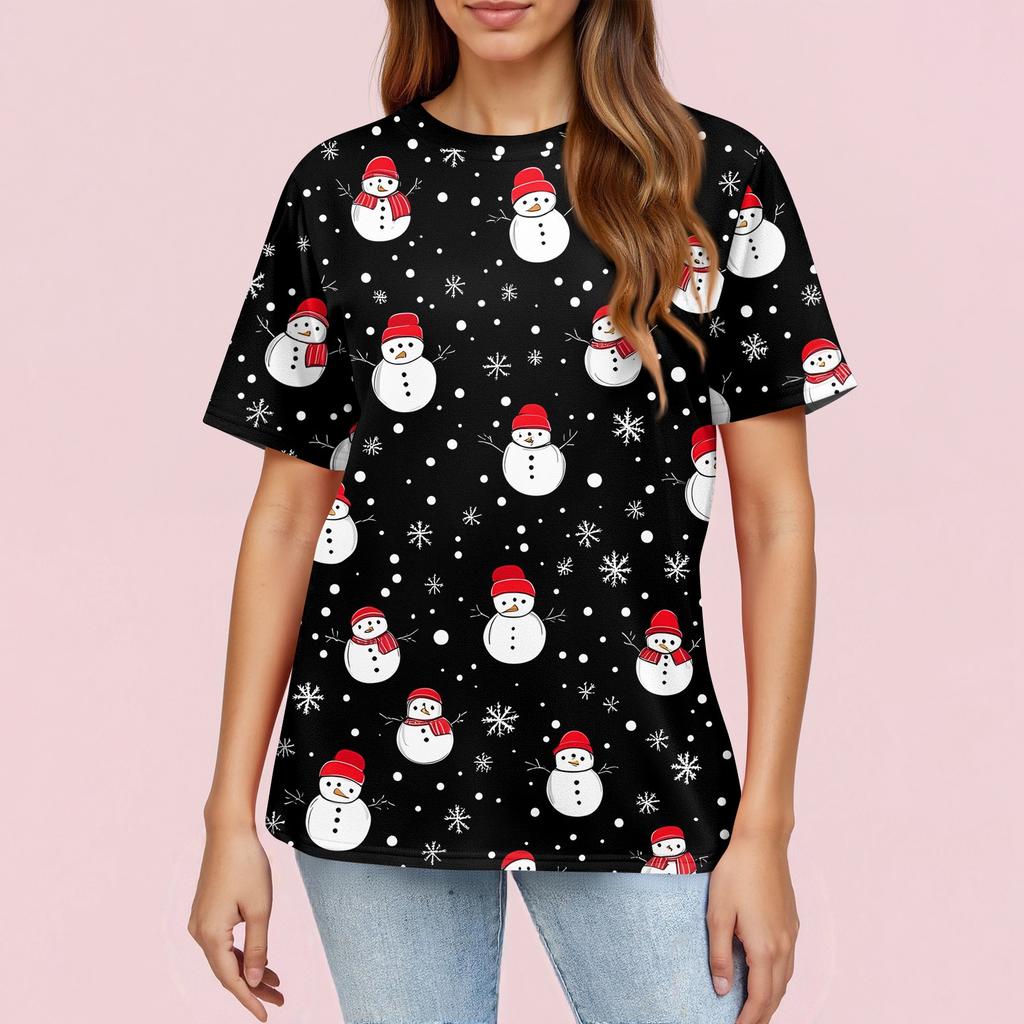 Women's Fashionable Casual Short Sleeve Christmas Print Round Neck Pullover Top