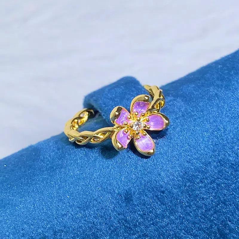 Spring And Summer Sea Blue Enamel Dripping Oil Flower Butterfly Opening Ring High Sense Personality Light Luxury Ring Women