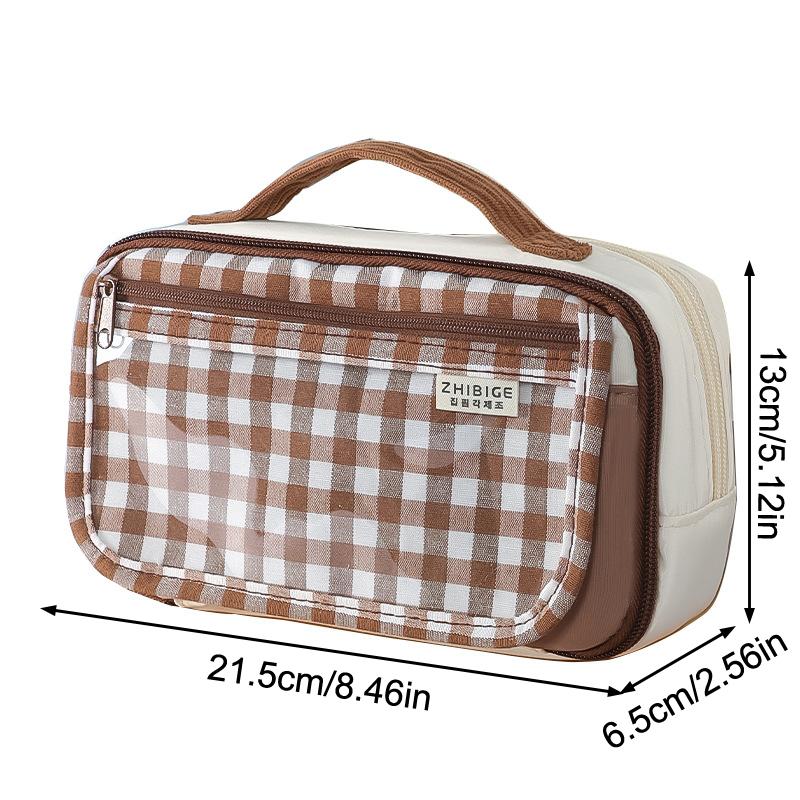 נרתיק עיפרון עם ידית, דגם Ins Mocha Plaid, נרתיק עיפרון גדול, נרתיק עטים רב-תכליתי 13-שכבתי עם חלון שקוף