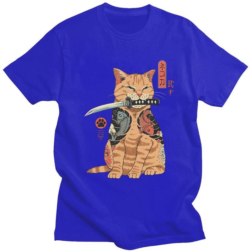 Custom Fashion Funny Japanese Samurai Cat T Shirt Men Tshirt Streetwear Tee Tops Pure Cotton Oversized Tshirts Merch