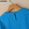 VONDA Summer Women Crew Neck Flare Sleeve Solid Color Casual Blouse