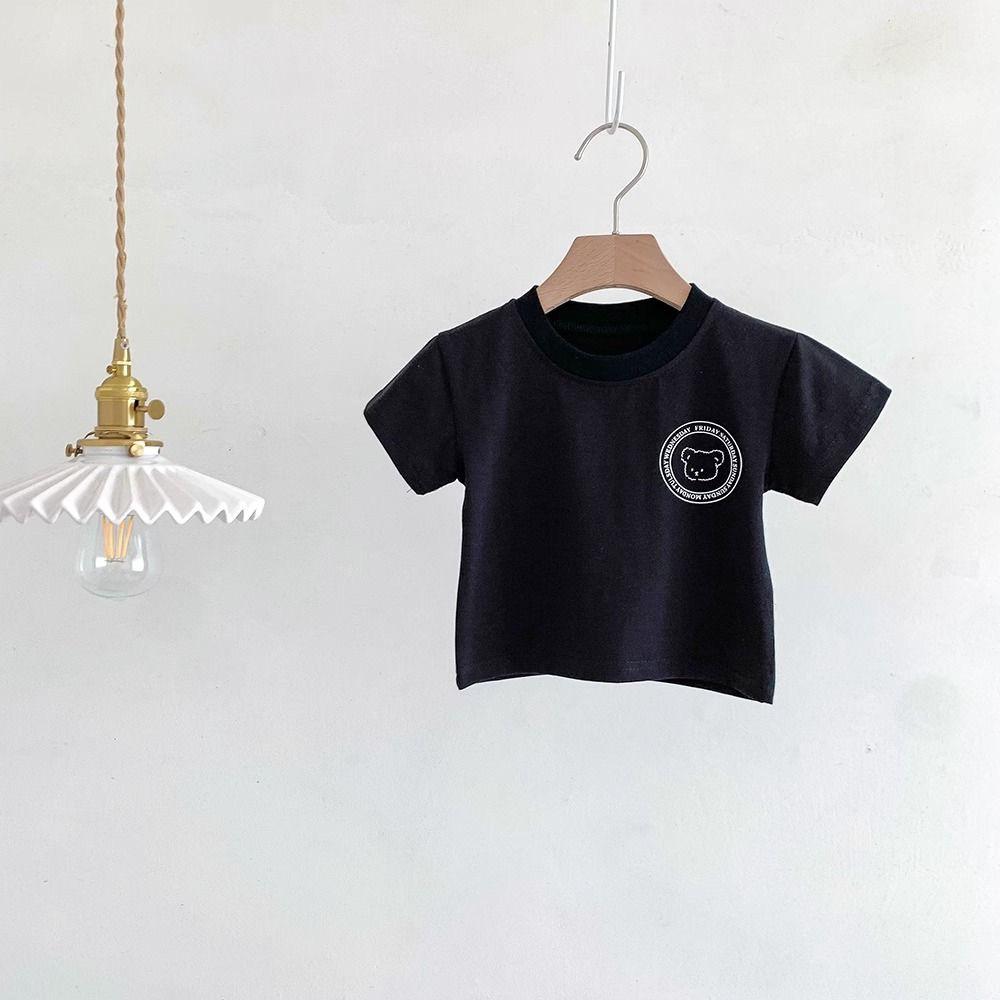 Kids Cute Round Bear Print Crew Neck Short Sleeve T-Shirt, Soft Cotton Basic Toddler Tee Top
