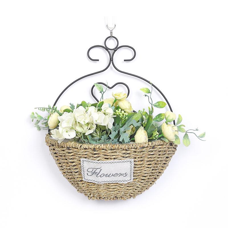 Pastoral Handmade Woven Straw Wall Hanging Flower Basket Decoration