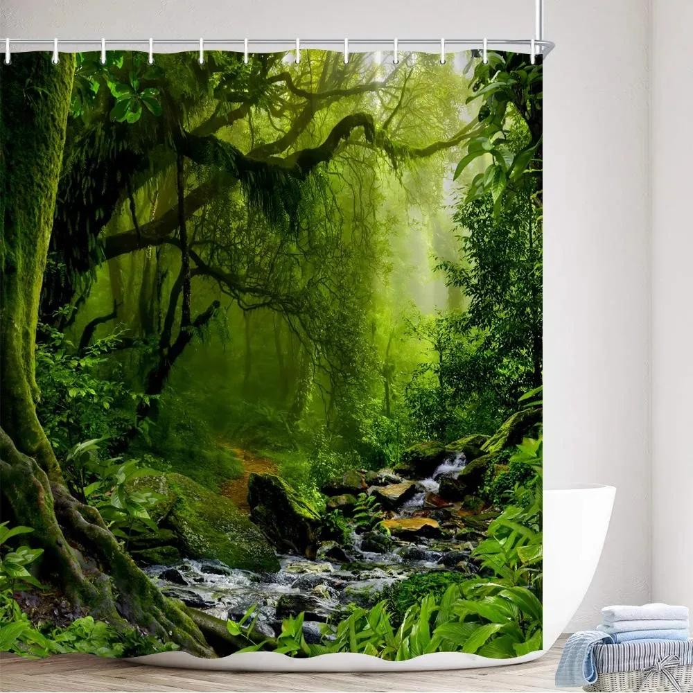 Tropischer Regenwald Duschvorhänge Waldpflanzen Rustikale Naturlandschaft Badevorhang Gartenwandbehang Badezimmer Dekor Haken