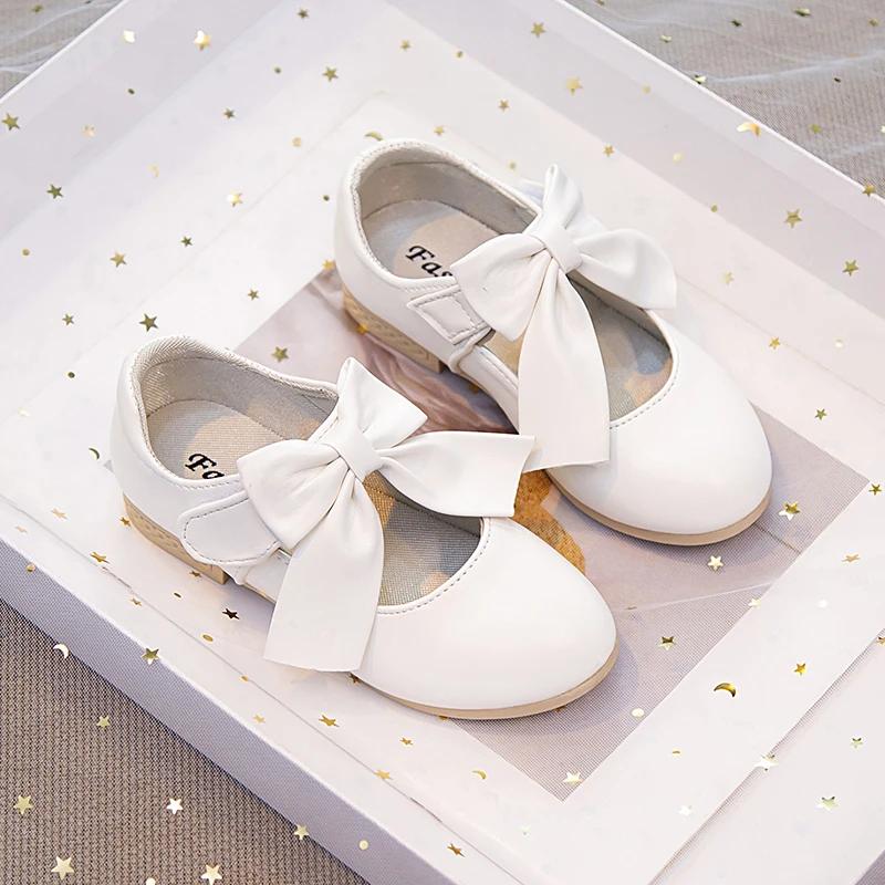 

Girls White Leather Shoes with Big Bow-knot Princess Sweet Classic Fashion Children Party Shoes for Wedding Soft Anti-slippery 26 белый