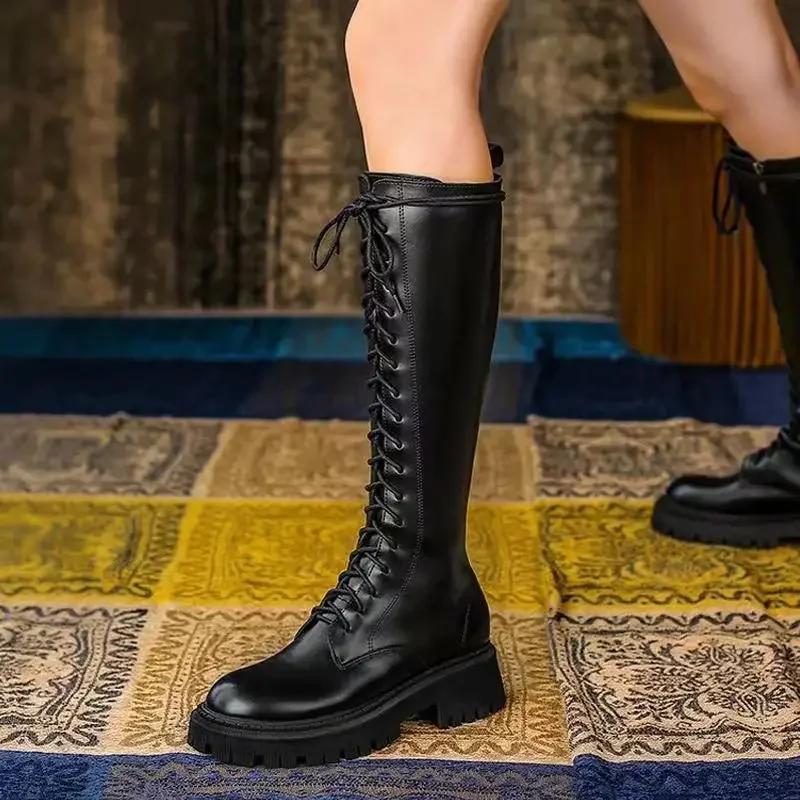 Mode Winterstiefel Damen Kniehohe Stiefel Plateau PU-Leder Erhöhend Lang Damen Schnürstiefeletten Mujer 2024 Reißverschluss Chelsea Damenschuhe