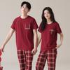 Lycra Cotton Pajamas Couples Summer Short Sleeves Thin Fashion Plaid Red Wedding Loungewear Suit Outside