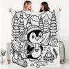 1pc Hand-Painted Style 2D Printed Flannel Blanket, Cute Cartoon Camping Penguin Flannel Blanket, Adorable and Healing Forest Camping Line Art Style Pa