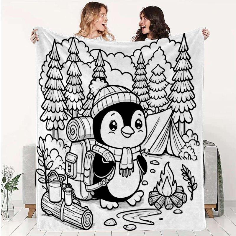 1pc Hand-Painted Style 2D Printed Flannel Blanket, Cute Cartoon Camping Penguin Flannel Blanket, Adorable and Healing Forest Camping Line Art Style Pa