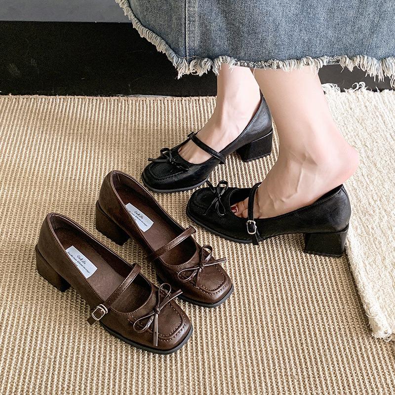 Retro Thick Heel Evening Shoes Single Shoes Women's Shoes New Spring and Autumn Black Mary Jane Small Leather Shoes