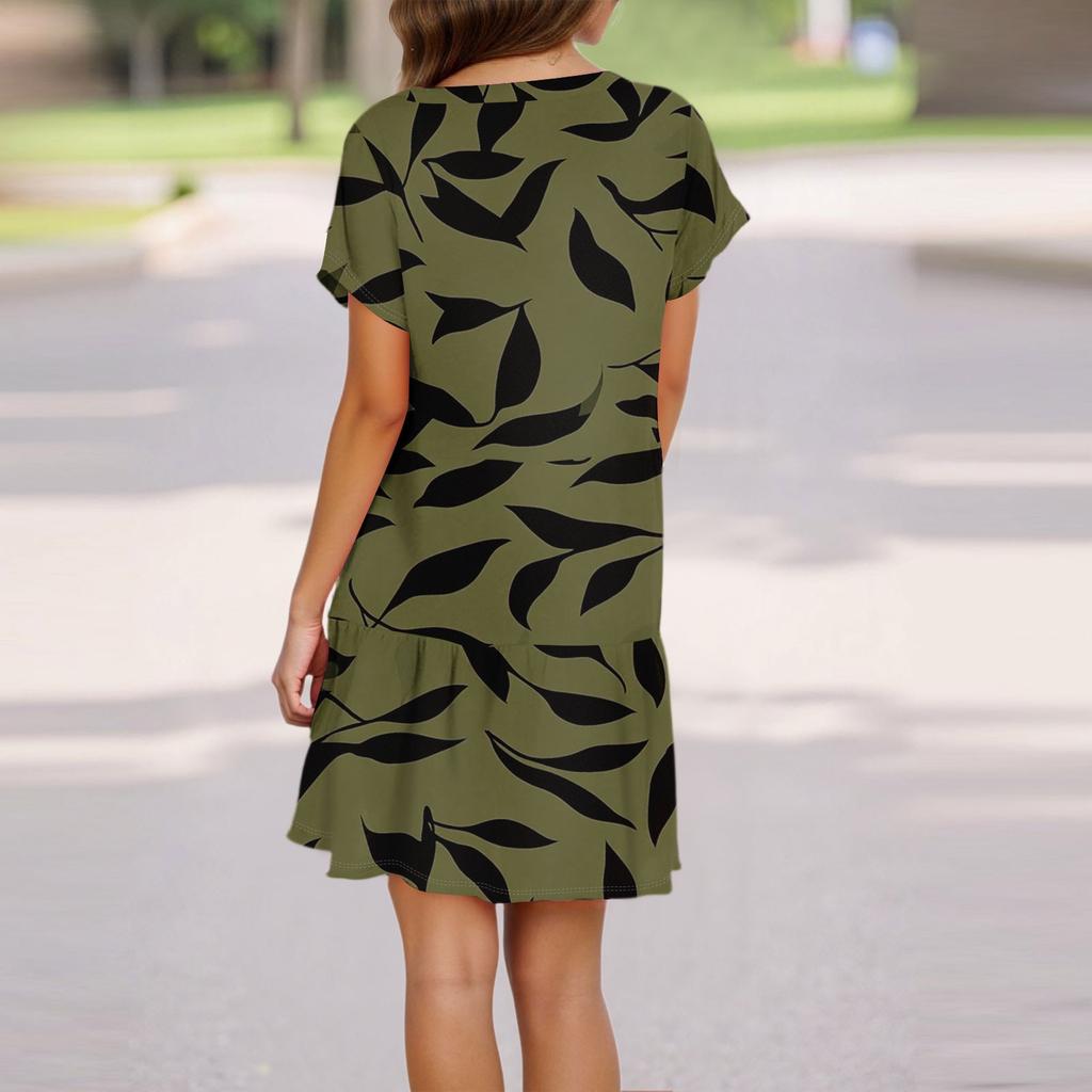 Damenmode Lässig Rundhals Kurzarm Blatt Floral Print Kleid