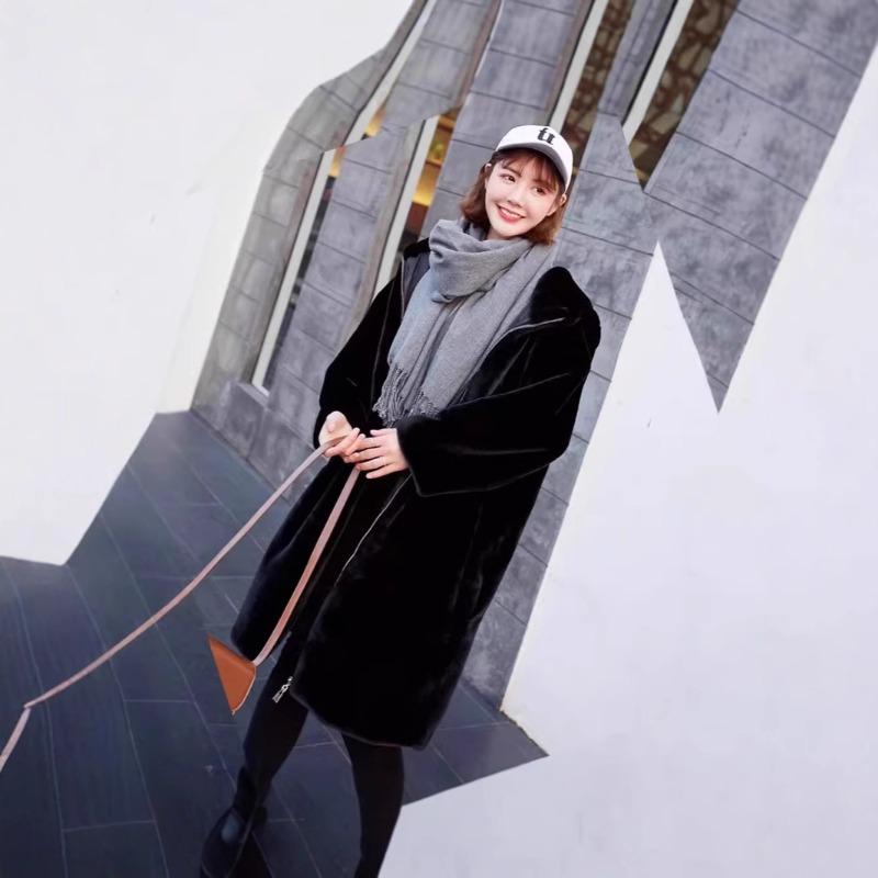 

Black coat artificial fur jacket extended imitation mink velvet hooded clothes one size fits all