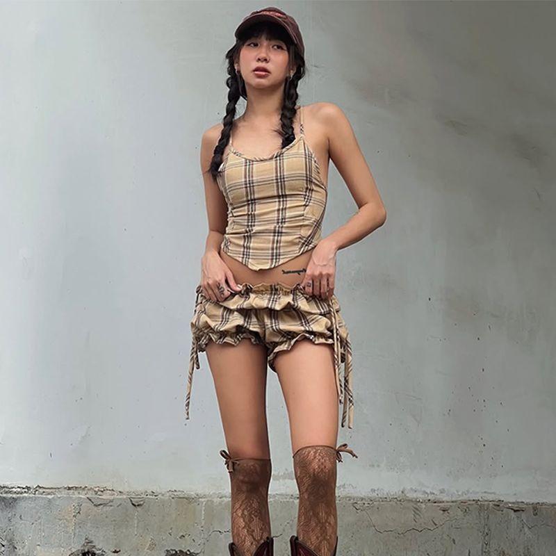 American Gyaru Girl Plaid Backless Lace-up Halter Top Women + Sexy Low Waist Flower Buds Short Dress Set New