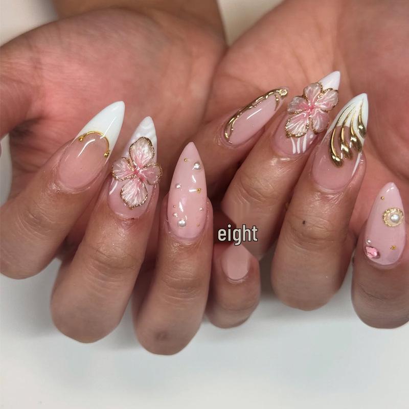 

Накладные ногти ручной работы, французский золотой цветок - набор из 24 штук Tool Kit