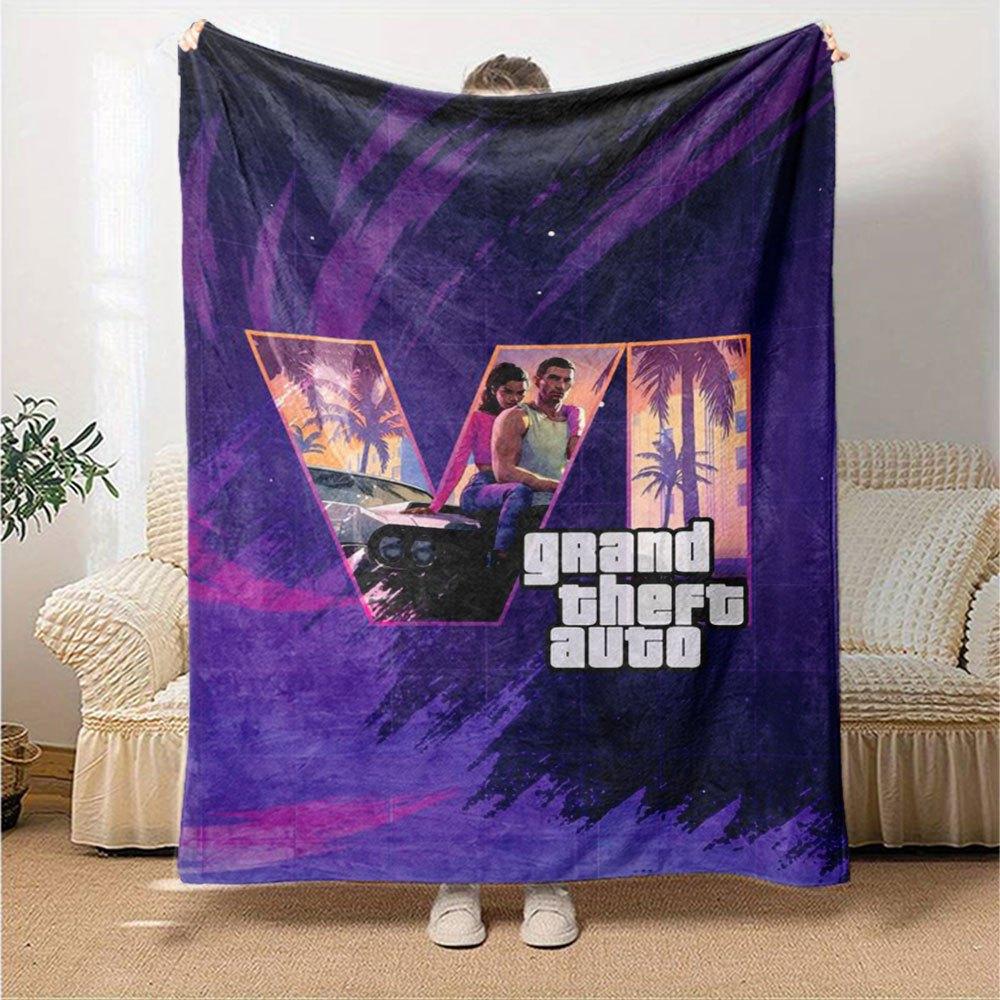 1 szt. Miękki koc flanelowy Grand Theft Auto z designerskim nadrukiem Przytulny koc na każdą porę roku, idealny na sofę, łóżko, do biura