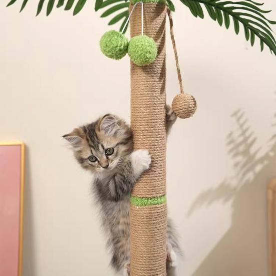 Cat Toy Realistic Coconut Tree Shape Scratching Post with Sisal Claw Grinding Column Hanging Balls Interactive Cat Scratcher