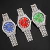 4pcs/set Men Bling Wrist Watch Hip Hop Cuban Chain Necklace Set Round Dial Rhinestone Quartz Watches Cross Pendant Punk Jewelry