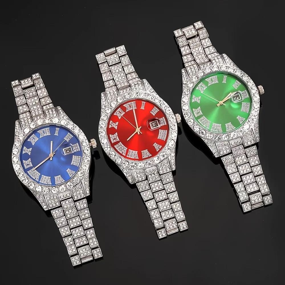 4pcs/set Men Bling Wrist Watch Hip Hop Cuban Chain Necklace Set Round Dial Rhinestone Quartz Watches Cross Pendant Punk Jewelry