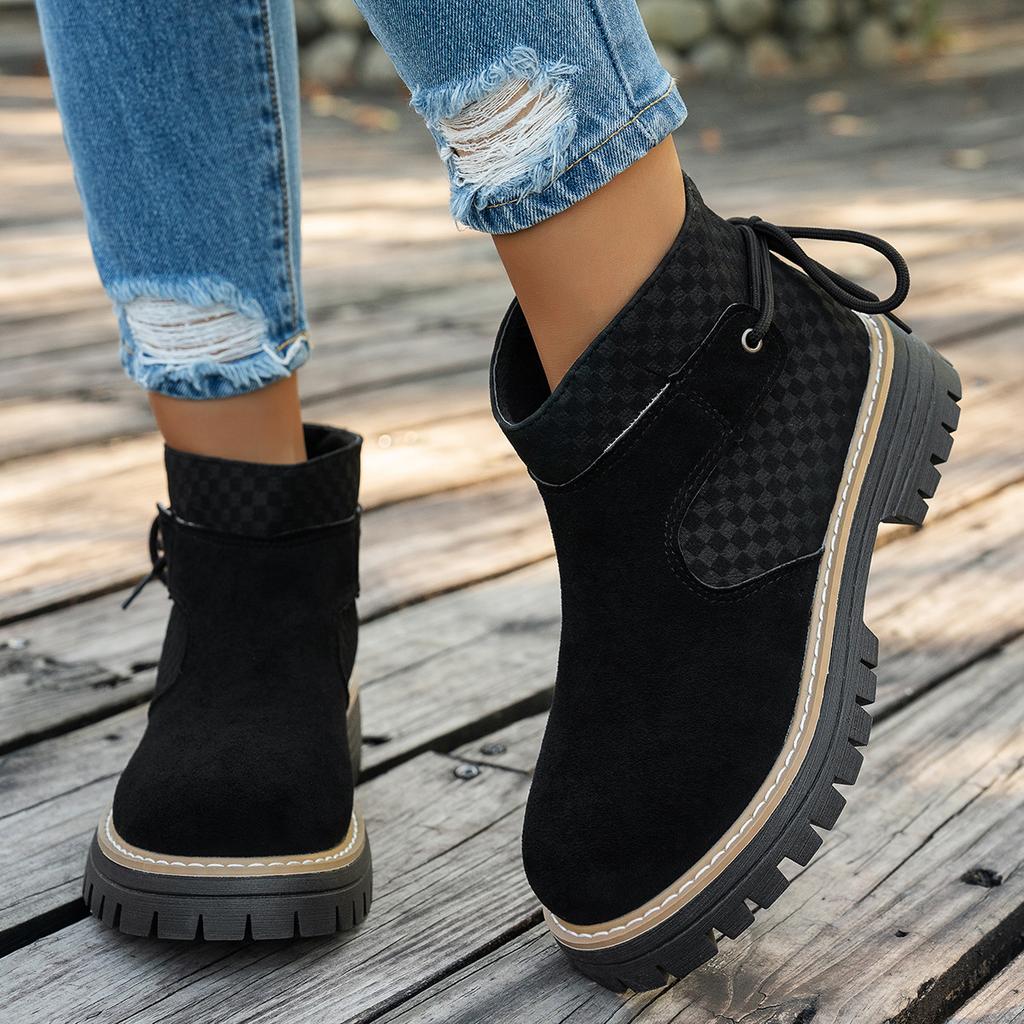 European and American  Large Size Color Matching Short Martin Boots Women's Cross-border Thick Heel Suede Rear Lace-up Thick-soled Knight Boots