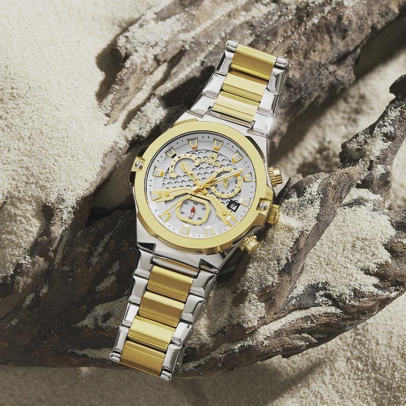 Mens Quartz Watch Waterproof Luminous Display Week/Date Stainless Steel Strap Casual Wristwatches