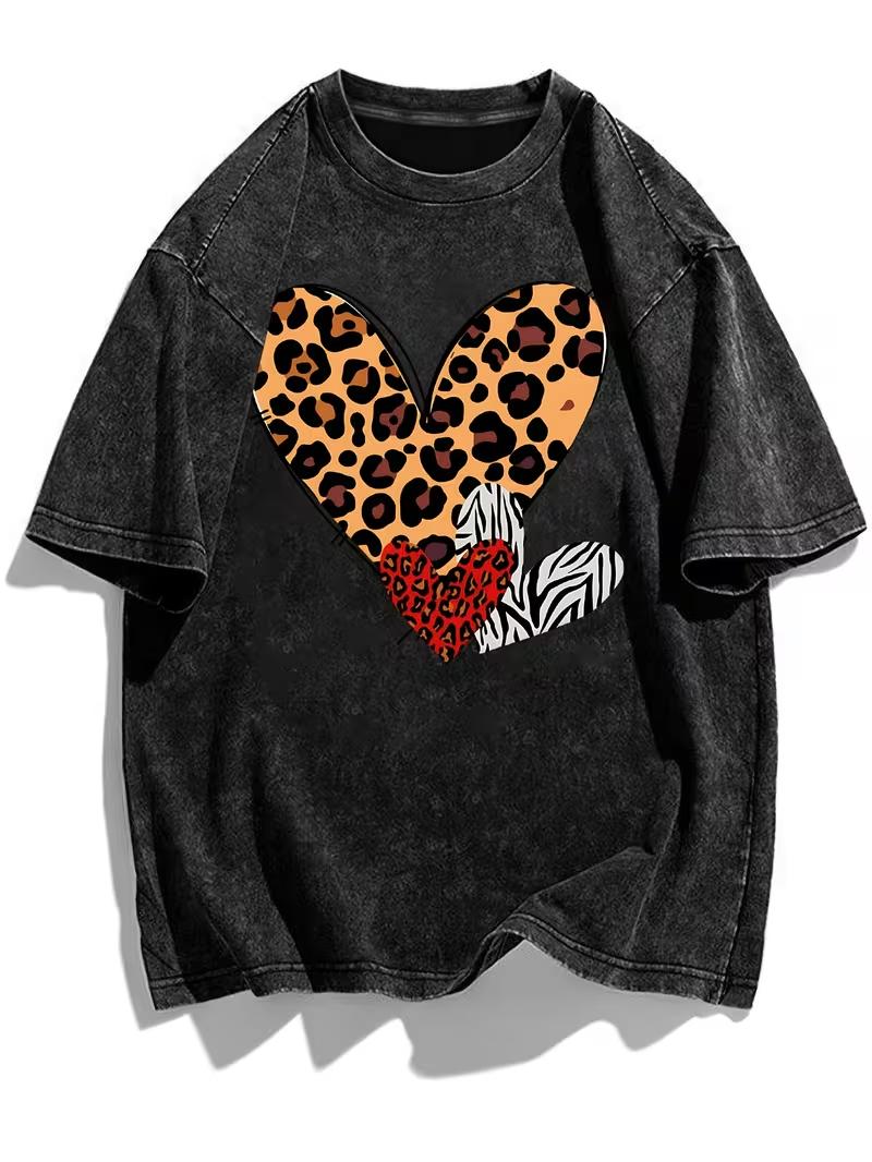 Vintage Washed Leopard Zebra Heart Print TShirt Wild Animal Pattern Casual Short Sleeve Soft Loose Streetwear Unisex Daily Top S