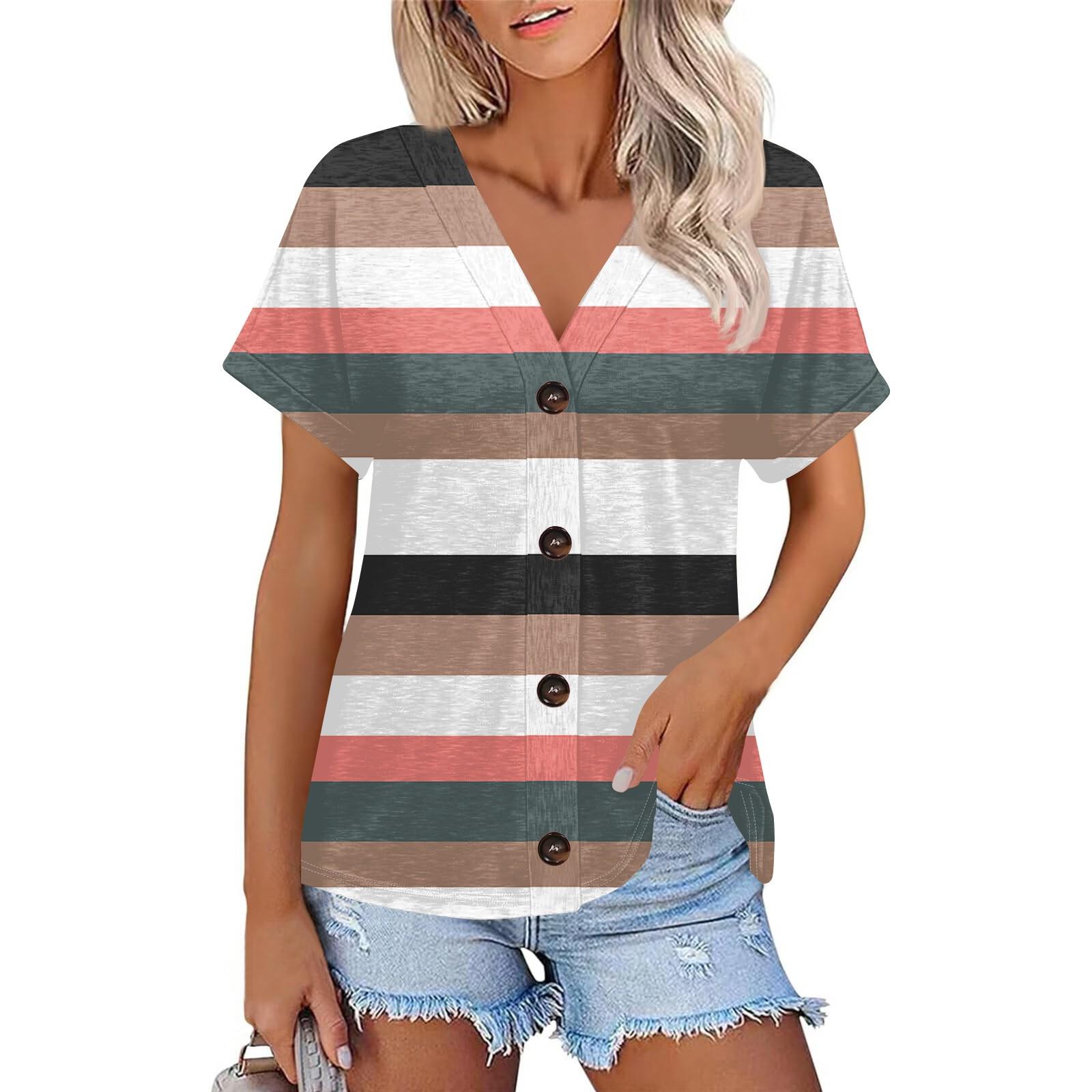 

Жіноча мода Топ з коротким рукавом, V-подібним вирізом, у смужку з принтом, повсякденна футболка на ґудзиках L